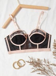 Contrast Binding Mesh Underwire Bra - Black - View 1