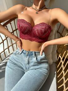 Floral Lace Strapless Underwire Bra, Lingerie - Burgundy - View 3