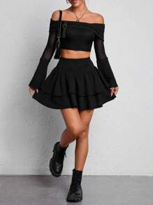 SHEIN PETITE Solid Layer Hem Skirt - Black - View 5