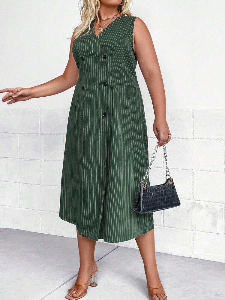 Plus Striped Print Double Breasted Dress