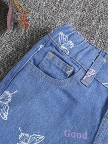 SHEIN Young Girl Letter and Butterfly Print Jeans - Medium Wash - View 4