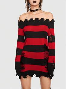 ROMWE Grunge Punk 條紋圖案一字肩破洞毛衣 - 彩色 - 查看 2