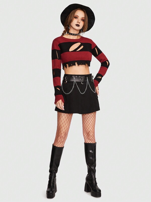 ROMWE Goth Jersey crop con patrón de rayas con abertura delantera