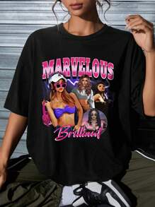 SHEIN EZwear 休閒簡約卡通肖像印花女款寬鬆T恤，適合夏季穿著 - 黑色 - 查看 5