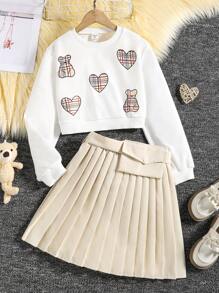 SHEIN 女大童心&小熊印花套頭衫&百褶半身裙 - 彩色 - 查看 1