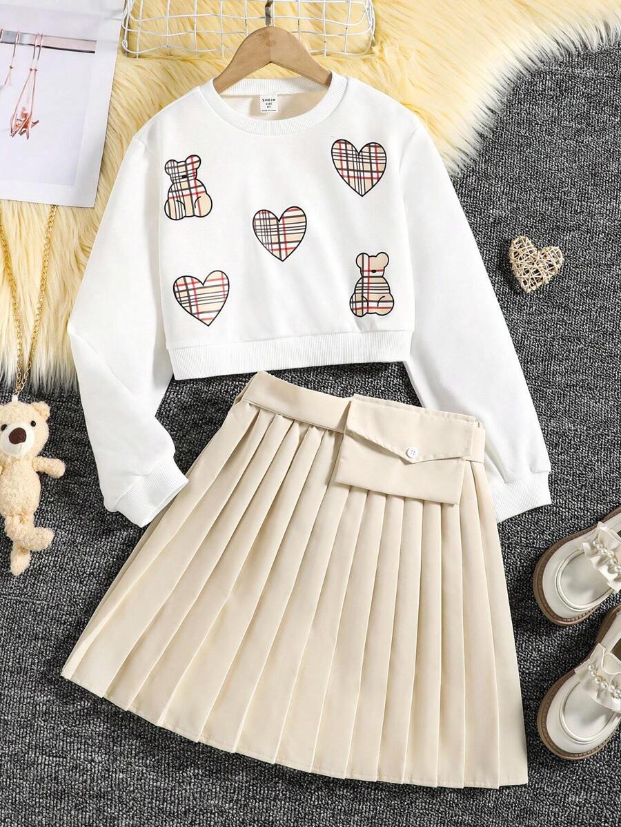 SHEIN 女大童心&小熊印花套頭衫&百褶半身裙 - 彩色 - 查看 1