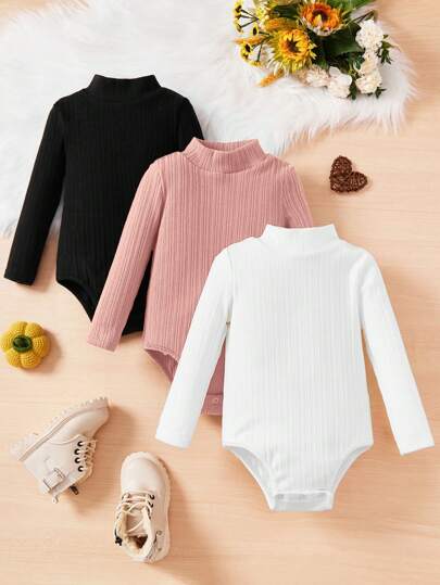 SHEIN 女嬰3入組小高領條紋針織連身背心