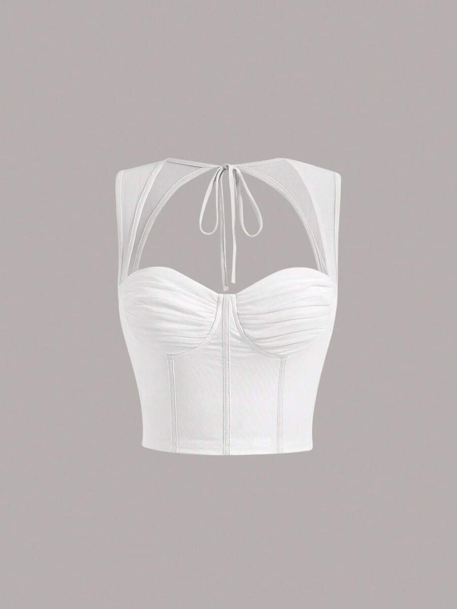 SHEIN MOD 後綁帶胸部褶皺背心上衣 - 白色 - 查看 1