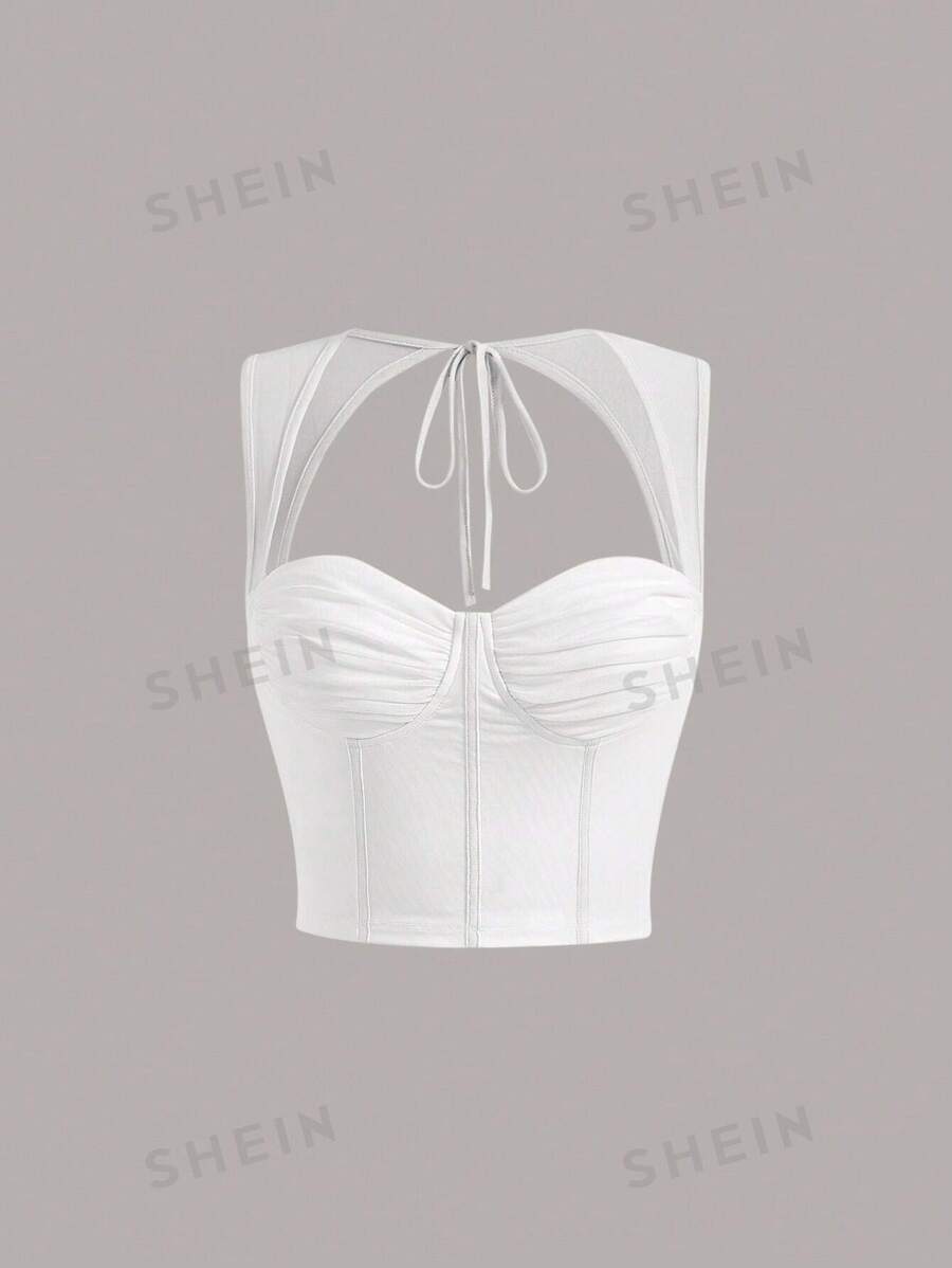 SHEIN MOD Rückenfrei Gerafft Schnürung am Rücken Einfarbig Lässig Damen Tank Tops & Camis - Weiss - Übersicht 1