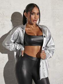 SHEIN SXY Abrigo metalizado con hombros caídos - Blanco - Ver 3