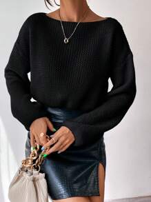 Chiquease 纯色落肩短款针织套头衫，适合秋冬季穿着 - 黑色 - 查看 3