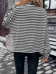 SHEIN Frenchy 條紋印花落肩袖襯衫 - 黑與白 - 查看 2