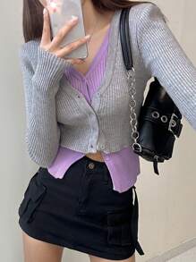 DAZY 拼色纽扣前开襟短款二合一开衫，秋季女装 - 灰色 - 查看 2