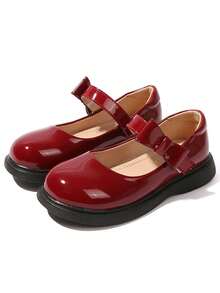 女童 Pu 皮公主鞋,黑色蝴蝶結,適合春秋,適合學生/角色扮演,英倫風,平底鞋 - 酒紅色 - 查看 3