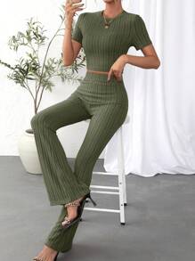 SHEIN Essnce Solid Crop Tee & Flare Leg Pants - Army Green - View 4