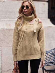 SHEIN LUNE Cut Out Buckle Detail Turtleneck Drop Shoulder Sweater Knit Pullover Fall Winter Outfit - Camel - View 5
