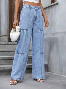 SHEIN Essnce 闊腿牛仔褲 - 淺色水洗藍 - 查看 6