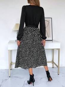 SHEIN Frenchy Dalmatian Print Belted Split Thigh Dress Winter Black Casual - Black - View 2