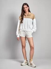 SHEIN Sports 刺绣字母图案双色半拉链落肩户外卫衣 - 白色 - 查看 3