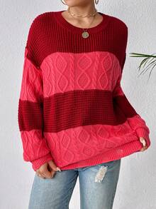 SHEIN Unity 双色落肩针织套头衫秋冬毛衣 - 紅色 - 查看 6