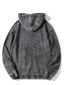 Chillumni 宽松版型男士抽绳时尚纯色连帽深色牛仔夹克，带袋鼠口袋，适合派对 - 深灰色 - 查看 2