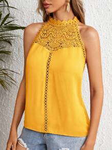 SHEIN Clasi 女士凸纹蕾丝拼接锁眼后背衬衫