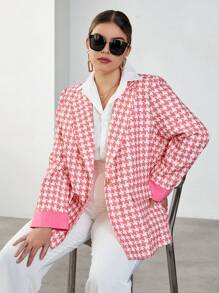 SHEIN Essnce Plus Houndstooth Print Single Button Blazer - Pink - View 1