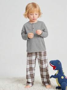 SHEIN 男小童半排扣T恤&格紋長褲睡衣套裝