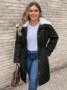 SHEIN LUNE Plus Borg Collar Zipper Quilted Coat - Black - View 3