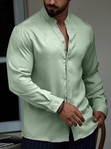 Manfinity Homme 男士纯色纽扣衬衫（不含T恤），适合秋季穿着，长袖上衣 - 薄荷綠 - 查看 3