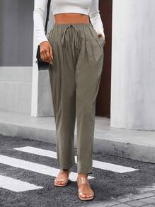 Chiquease Solid Knot Front Straight Leg Pants - Army Green - View 6