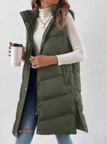 SHEIN Frenchy Chaleco con capucha con cremallera y botón a presión, acolchado para otoño/invierno - Verde militar - Ver 1