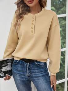 SHEIN LUNE 半排扣落肩袖運動衫 - 卡其色 - 查看 6