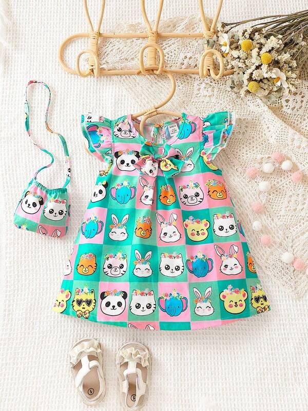 SHEIN 嬰兒卡通圖案荷葉邊連衣裙帶配件包