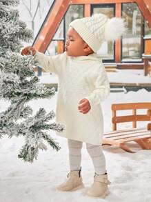 SHEIN Baby Girl Solid Hooded Sweater Dress - Beige - View 1