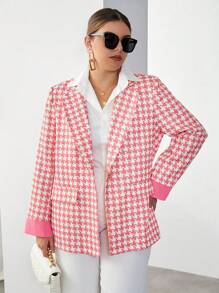 SHEIN Essnce Plus Houndstooth Print Single Button Blazer - Pink - View 6