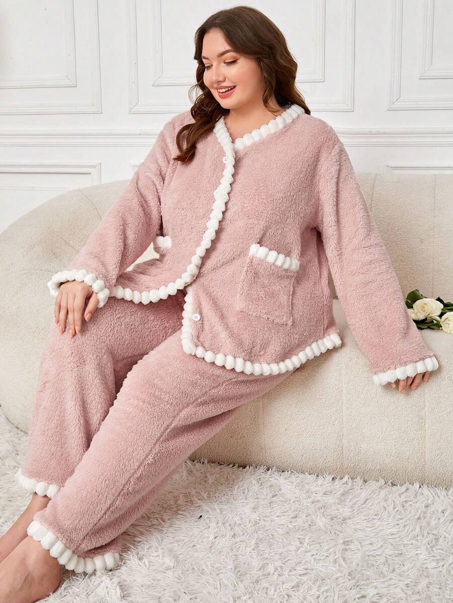 Plus Contrast Trim Flannel PJ Set - Dusty Pink - View 1