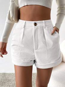 SHEIN Essnce Cuộn lên Hem Vải to sợi Quần short - trắng - Xem 4