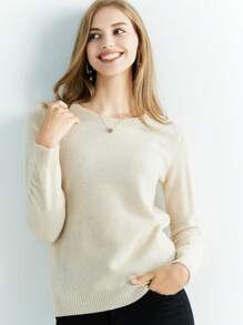 100% 美利奴羊毛女士圆领纯色柔软保暖休闲毛衣 - 杏色 - 查看 4