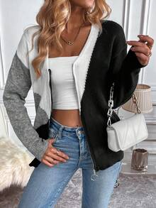 SHEIN LUNE Cárdigan de color combinado de hombros caídos con aro O cremallera - Multicolor - Ver 5