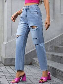 SHEIN Essnce 破洞直筒牛仔褲 - 中等水洗藍 - 查看 3