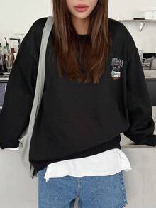 DAZY 標語和熱帶印花落肩袖套頭衫 - 黑色 - 查看 2