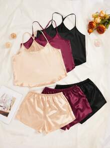 3pcs Chất rắn Xa ten Cami ngọn & 3pcs Quần short Bộ PJ - Nhiều màu - Xem 1