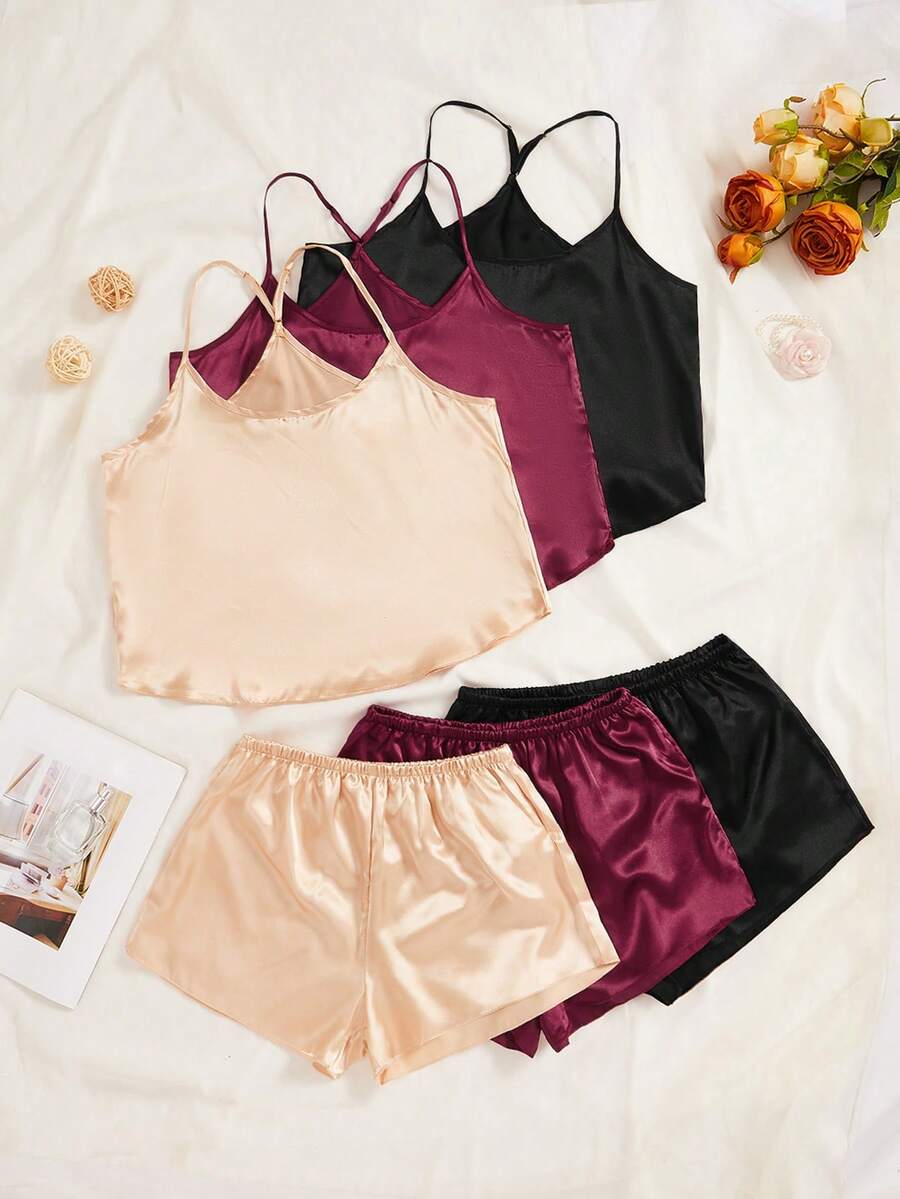 3pcs Chất rắn Xa ten Cami ngọn & 3pcs Quần short Bộ PJ - Nhiều màu - Xem 1