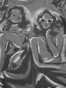 SHEIN ICON 人像圖案木耳邊網紗上衣 - 彩色 - 查看 4