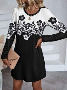 SHEIN LUNE Floral Print Colorblock Tee Dress - Black - View 3