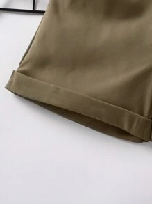 SHEIN Cô Gái Trẻ Nếp gấp cao eo Cuộn lên Hem Quần Short có thắt lưng - Màu Khaki - Xem 3