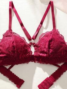 SHEIN Sujetador arnés con encaje floral - Burdeos - Ver 4