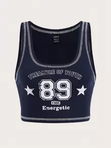 SHEIN EZwear Top tank crop con estrella & con estampado de letra con puntada - Azul Marino - Ver 1
