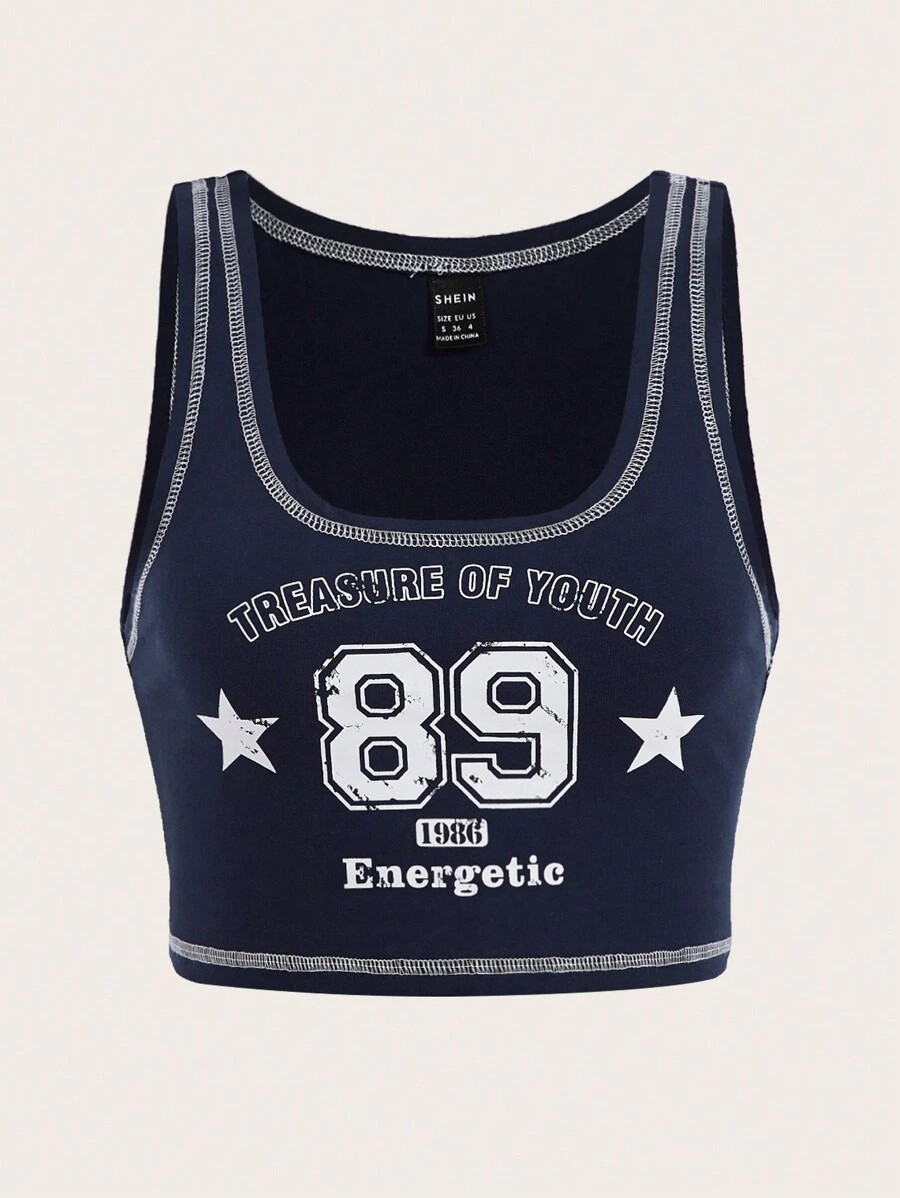 SHEIN EZwear Top tank crop con estrella & con estampado de letra con puntada - Azul Marino - Ver 1